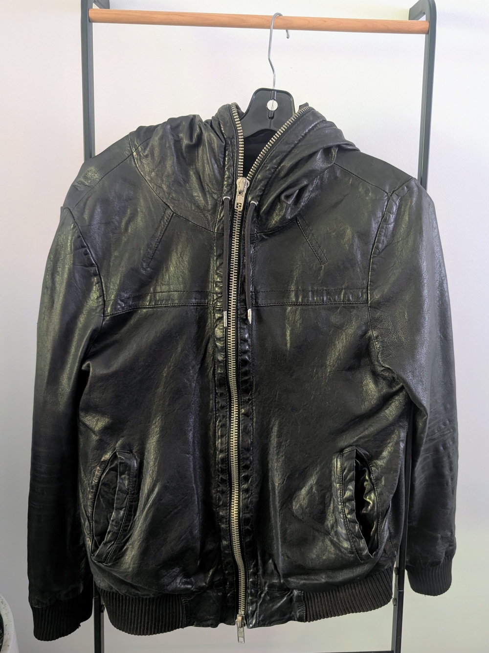AllSaints Black Leather Hooded Bomber Jacket